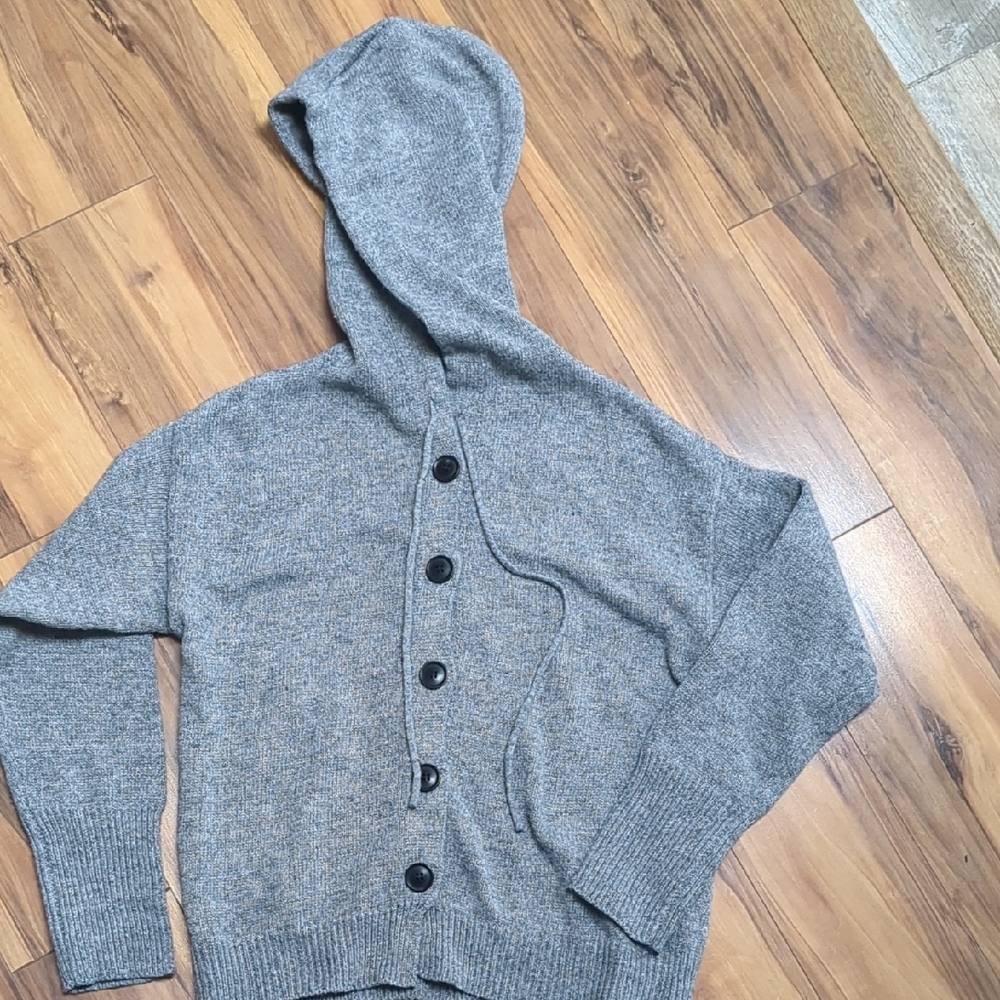 Gray Hooded Cardigan with Buttons